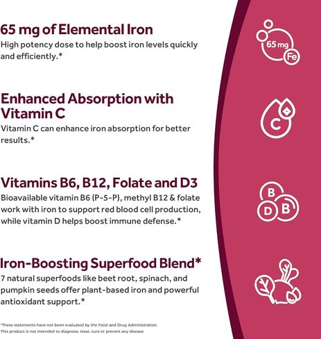 Doctor's Recipes Iron Supplement for Women & Men, Iron 65 mg with Vitamin C, D3, B6, B12, Folate, Beet Root, Pumpkin Seeds, for Energy & Red Blood Cell Support, 90 Tablets in Saudi Arabia