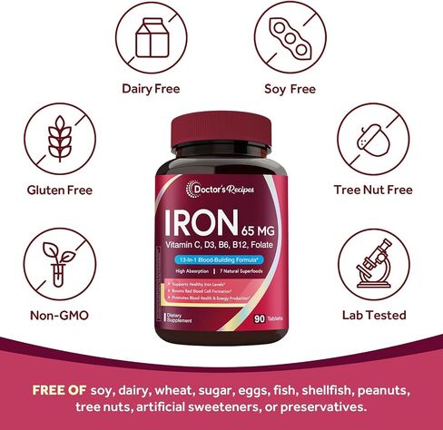 Doctor's Recipes Iron Supplement for Women & Men, Iron 65 mg with Vitamin C, D3, B6, B12, Folate, Beet Root, Pumpkin Seeds, for Energy & Red Blood Cell Support, 90 Tablets in Saudi Arabia
