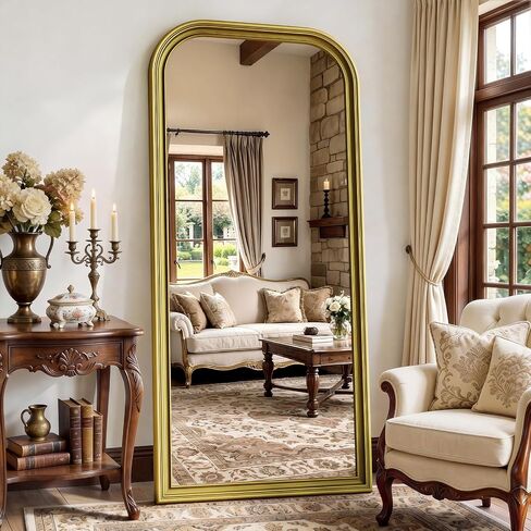 Full Length Mirror with Stand, 71"x32" Full Body Mirror, Floor Length Mirrors Wall Mounted with Rounded Top, Large Standing Mirrors, PU Frame, for Bedroom Living Room Cloakroom, Antique Gold in Saudi Arabia
