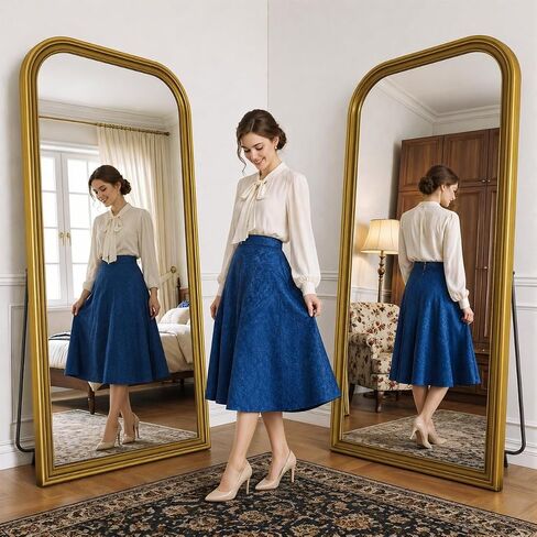 Full Length Mirror with Stand, 71"x32" Full Body Mirror, Floor Length Mirrors Wall Mounted with Rounded Top, Large Standing Mirrors, PU Frame, for Bedroom Living Room Cloakroom, Antique Gold in Saudi Arabia