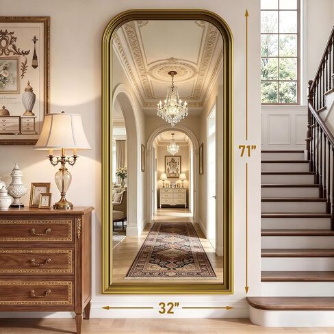 Full Length Mirror with Stand, 71"x32" Full Body Mirror, Floor Length Mirrors Wall Mounted with Rounded Top, Large Standing Mirrors, PU Frame, for Bedroom Living Room Cloakroom, Antique Gold in Saudi Arabia