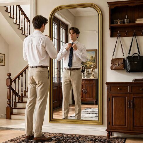 Full Length Mirror with Stand, 71"x32" Full Body Mirror, Floor Length Mirrors Wall Mounted with Rounded Top, Large Standing Mirrors, PU Frame, for Bedroom Living Room Cloakroom, Antique Gold in Saudi Arabia