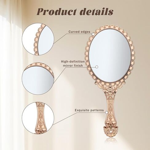 Vintage Hand Mirror, Portable ABS Vintage Handheld Mirror Rose Gold Embossed Hand Held Mirror Handheld Travel Mirrors for Women Face Makeup Travel Princess Party Favors Gift in Saudi Arabia
