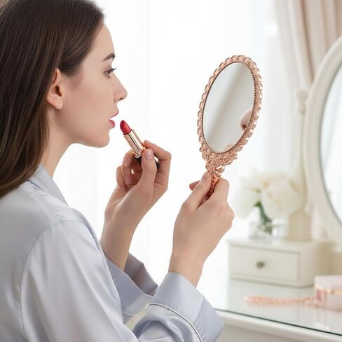 Vintage Hand Mirror, Portable ABS Vintage Handheld Mirror Rose Gold Embossed Hand Held Mirror Handheld Travel Mirrors for Women Face Makeup Travel Princess Party Favors Gift in Saudi Arabia