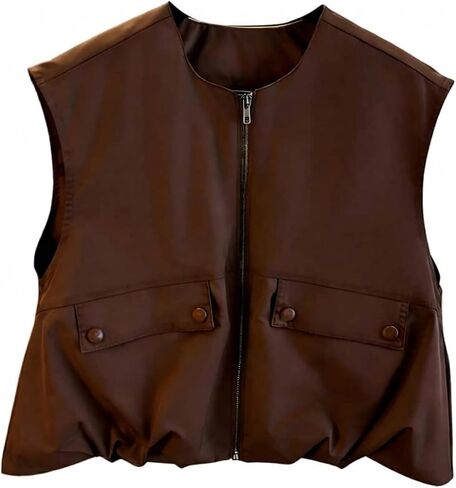 Verdusa Women's Zip Up Cargo Cropped Vest Bubble Hem Tops Sleeveless Lightweight Windbreaker Jacket with Pockets in Kuwait