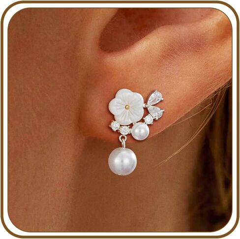 Lunvky Dangle Pearl Drop Earrings for Women Trendy 14K Gold Silver Plated Dainty Flower Pearls Stud Brides Wedding Statement Earrings Long CZ Sparkly Cute Prom Jewelry Gift in Saudi Arabia
