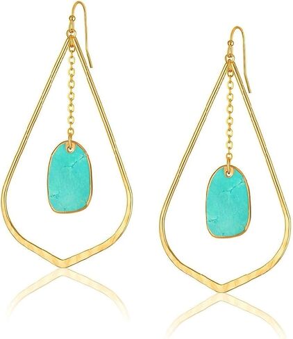Gold Dangle Earrings with Turquoise Stone, Teardrop Statement Earrings, Lightweight Chain Drop Earrings for Women in Saudi Arabia