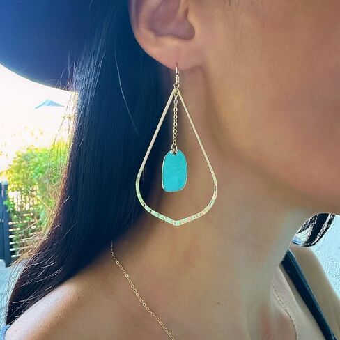 Gold Dangle Earrings with Turquoise Stone, Teardrop Statement Earrings, Lightweight Chain Drop Earrings for Women in Saudi Arabia