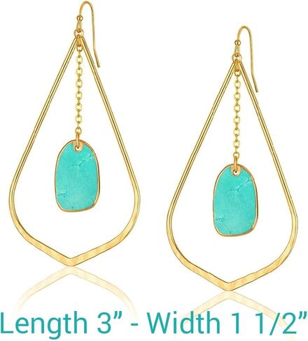 Gold Dangle Earrings with Turquoise Stone, Teardrop Statement Earrings, Lightweight Chain Drop Earrings for Women in Saudi Arabia