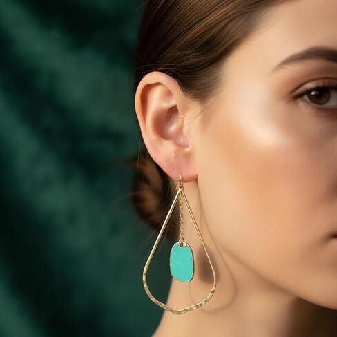 Gold Dangle Earrings with Turquoise Stone, Teardrop Statement Earrings, Lightweight Chain Drop Earrings for Women in Saudi Arabia