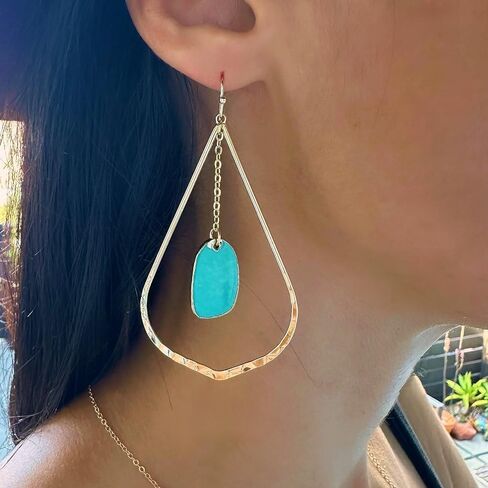 Gold Dangle Earrings with Turquoise Stone, Teardrop Statement Earrings, Lightweight Chain Drop Earrings for Women in Saudi Arabia