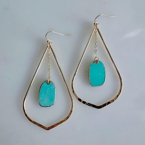 Gold Dangle Earrings with Turquoise Stone, Teardrop Statement Earrings, Lightweight Chain Drop Earrings for Women in Saudi Arabia