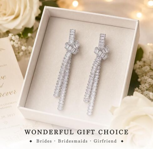 18k Gold Plated Silver Bow Dangle Earrings for Women, Trendy Hypoallergenic Drop Earrings, Elegant Wedding Earrings, Ideal Gift for Anniversary, Birthday, Girlfriend, Prom in Kuwait