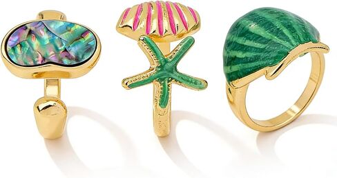 3Pcs Summer Ocean Themed Open Rings Set for Women, Gold Plated Abalone Shell Starfish Watermelon Resin Adjustable Stackable Rings, Beach Jewelry Gift in Kuwait
