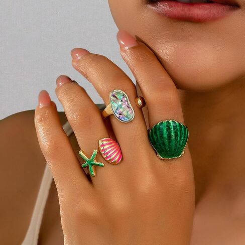 3Pcs Summer Ocean Themed Open Rings Set for Women, Gold Plated Abalone Shell Starfish Watermelon Resin Adjustable Stackable Rings, Beach Jewelry Gift in Kuwait