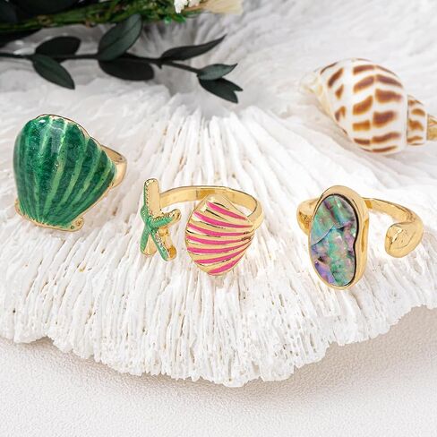 3Pcs Summer Ocean Themed Open Rings Set for Women, Gold Plated Abalone Shell Starfish Watermelon Resin Adjustable Stackable Rings, Beach Jewelry Gift in Kuwait