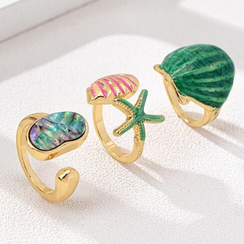 3Pcs Summer Ocean Themed Open Rings Set for Women, Gold Plated Abalone Shell Starfish Watermelon Resin Adjustable Stackable Rings, Beach Jewelry Gift in Kuwait