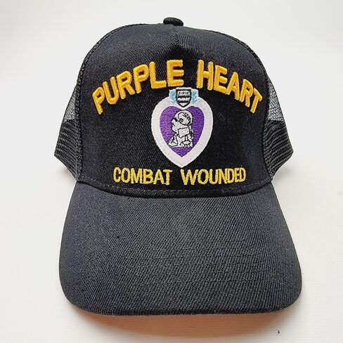 Purple Heart Combat Wounded Ball Cap Hat Black Embroidered Acrylic Mesh Snapback in Kuwait