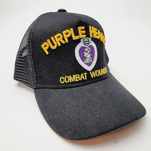 Purple Heart Combat Wounded Ball Cap Hat Black Embroidered Acrylic Mesh Snapback in Kuwait