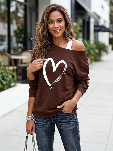 Women's Heart Print Off The Shoulder Sweatshirt Teal Long Sleeve Casual Pullover in Kuwait