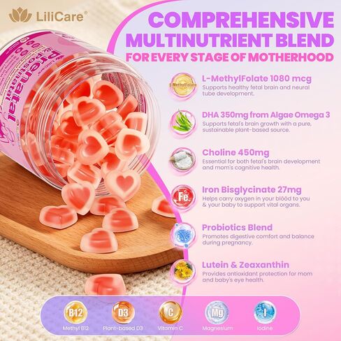 LILICARE Prenatal Vitamins for Women, Prenatal Gummies with 1080mcg Methylfolate, Vegan Omega-3(DHA+EPA), Iron, 450mg Choline, D3, K2, B12, Supports Before During & After Pregnancy, Sugar-Free 60Cts in Saudi Arabia
