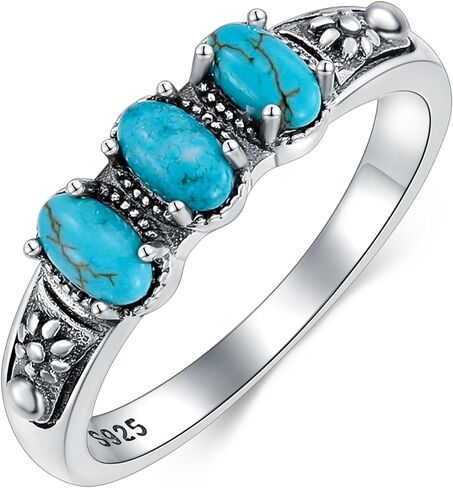 Real Turquoise Rings 925 Sterling Silver Genuine Turquoise 3 Stone Ring Vintage Southwestern Jewelry Gifts for Women in Kuwait