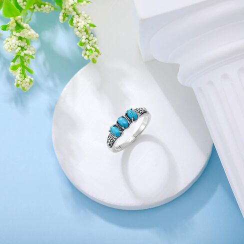 Real Turquoise Rings 925 Sterling Silver Genuine Turquoise 3 Stone Ring Vintage Southwestern Jewelry Gifts for Women in Kuwait