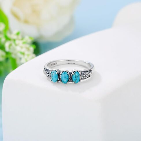 Real Turquoise Rings 925 Sterling Silver Genuine Turquoise 3 Stone Ring Vintage Southwestern Jewelry Gifts for Women in Kuwait