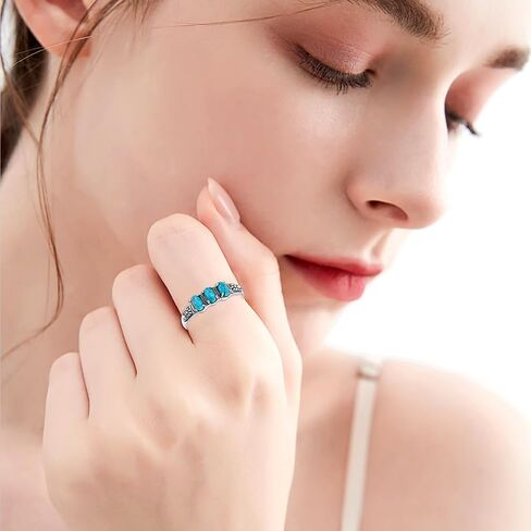 Real Turquoise Rings 925 Sterling Silver Genuine Turquoise 3 Stone Ring Vintage Southwestern Jewelry Gifts for Women in Kuwait
