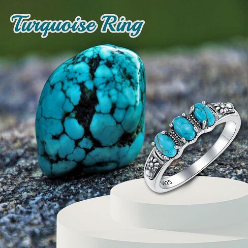 Real Turquoise Rings 925 Sterling Silver Genuine Turquoise 3 Stone Ring Vintage Southwestern Jewelry Gifts for Women in Kuwait