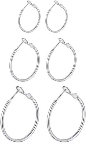 RoseJeopal 3 Pairs Sterling Silver Hoop Earrings, 14k White Gold Plated Silver Big Hoop Earrings Set for Women 20mm 30mm 40mm in Kuwait