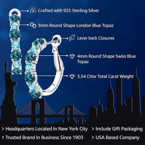 Gem Stone King 3.54 Cttw London Blue Topaz and Swiss Blue Topaz Hoop Earrings For Women | 925 Sterling Silver | Gemstone November Birthstone | Round 4MM and 3MM | Fine Jewelry Gifts for Mom Wife Her in Kuwait