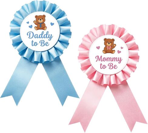 Bear Mom to Be and Daddy to Be Tinplate Badge Pin - Pink and Blue Rosette Baby Bear Mom & Dad to Be Award Ribbon Buttons for New Parents, Woodland Animal Themed Baby Shower/ Gender Reveal Party Decoration in Saudi Arabia