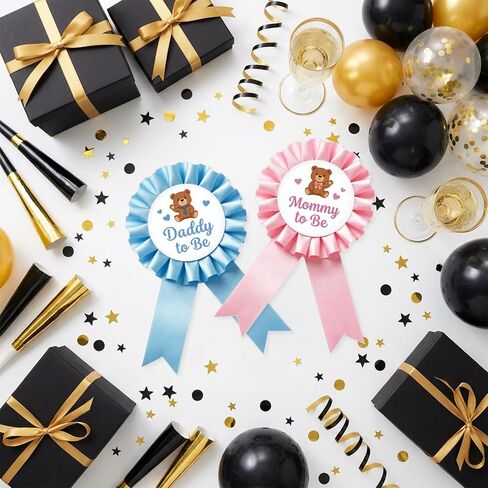 Bear Mom to Be and Daddy to Be Tinplate Badge Pin - Pink and Blue Rosette Baby Bear Mom & Dad to Be Award Ribbon Buttons for New Parents, Woodland Animal Themed Baby Shower/ Gender Reveal Party Decoration in Saudi Arabia
