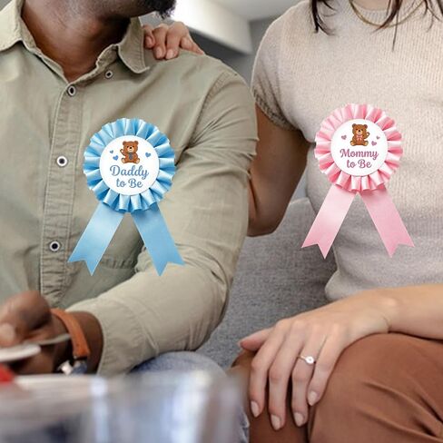 Bear Mom to Be and Daddy to Be Tinplate Badge Pin - Pink and Blue Rosette Baby Bear Mom & Dad to Be Award Ribbon Buttons for New Parents, Woodland Animal Themed Baby Shower/ Gender Reveal Party Decoration in Saudi Arabia