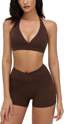 ABOCIW Womens 2 Piece Workout Sets Deep V Neck Halter Sports Bra Cross Waist Biker Shorts with Pockets in Kuwait