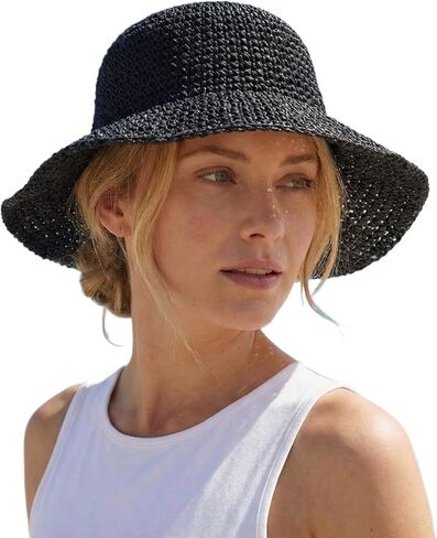 Straw Beach Hats for Women Summer Wide Brim Floppy Packable Foldable Bucket Sun Hat Travel Vacation UV Protection in Saudi Arabia