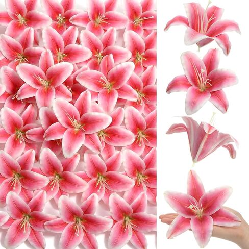 Suncalla 20 Pack Large Artificial Lilies Flower Heads with Realistic Stamens 5.9" Faux Fake Lily Flower Heads Bulk for DIY Crafts Cake Wedding Bridal Wreaths Table Home Party Decor (Light Pink) in Kuwait