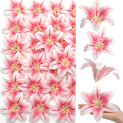 Suncalla 20 Pack Large Artificial Lilies Flower Heads with Realistic Stamens 5.9" Faux Fake Lily Flower Heads Bulk for DIY Crafts Cake Wedding Bridal Wreaths Table Home Party Decor (Light Pink) in Kuwait