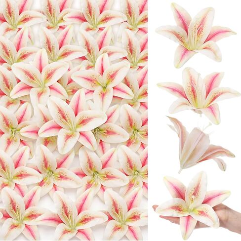 Suncalla 20 Pack Large Artificial Lilies Flower Heads with Realistic Stamens 5.9" Faux Fake Lily Flower Heads Bulk for DIY Crafts Cake Wedding Bridal Wreaths Table Home Party Decor (Light Pink) in Kuwait