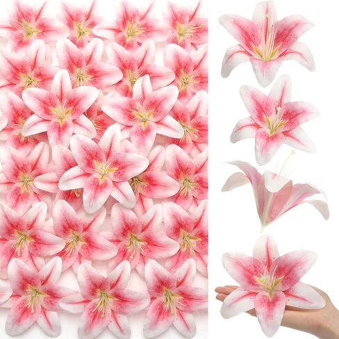 Suncalla 20 Pack Large Artificial Lilies Flower Heads with Realistic Stamens 5.9" Faux Fake Lily Flower Heads Bulk for DIY Crafts Cake Wedding Bridal Wreaths Table Home Party Decor (Light Pink) in Kuwait