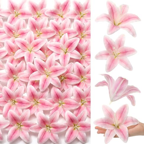 Suncalla 20 Pack Large Artificial Lilies Flower Heads with Realistic Stamens 5.9" Faux Fake Lily Flower Heads Bulk for DIY Crafts Cake Wedding Bridal Wreaths Table Home Party Decor (Light Pink) in Kuwait