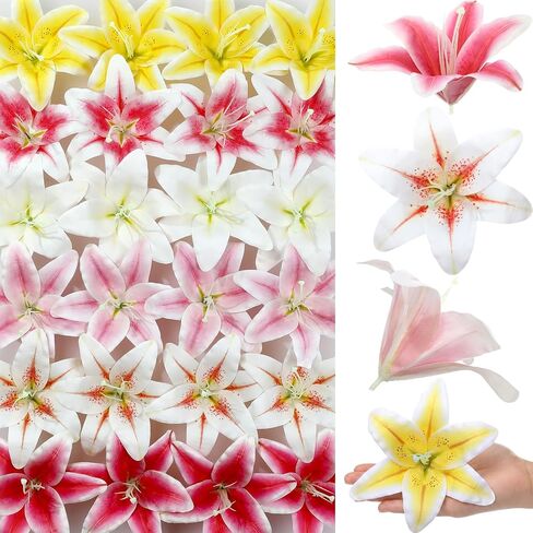 Suncalla 20 Pack Large Artificial Lilies Flower Heads with Realistic Stamens 5.9" Faux Fake Lily Flower Heads Bulk for DIY Crafts Cake Wedding Bridal Wreaths Table Home Party Decor (Light Pink) in Kuwait