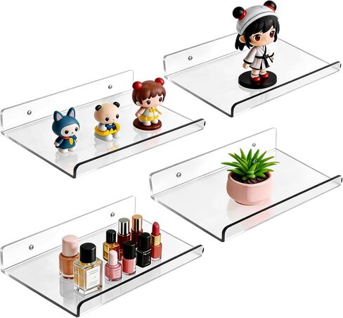 4-Pack Clear Acrylic Floating Shelves with Adhesive & No-Trace Nails - Ultimate No Drill Wall Mounted Display & Storage Organizer for Bathroom, Bedroom, Living Room, Office, 7.87" x 4" (4, U-Shape) in Saudi Arabia
