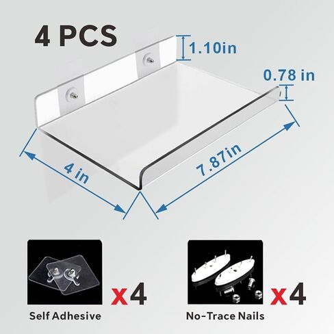 4-Pack Clear Acrylic Floating Shelves with Adhesive & No-Trace Nails - Ultimate No Drill Wall Mounted Display & Storage Organizer for Bathroom, Bedroom, Living Room, Office, 7.87" x 4" (4, U-Shape) in Saudi Arabia