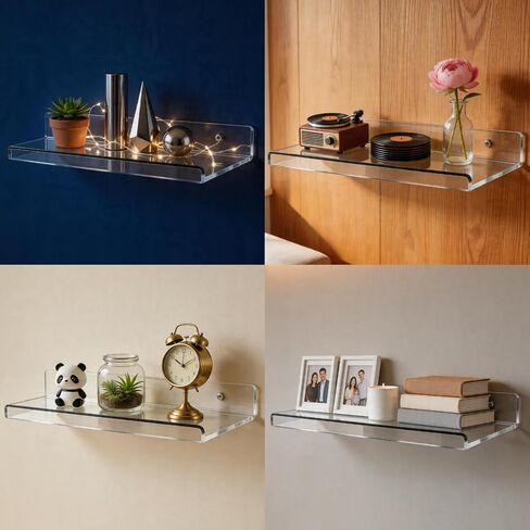 4-Pack Clear Acrylic Floating Shelves with Adhesive & No-Trace Nails - Ultimate No Drill Wall Mounted Display & Storage Organizer for Bathroom, Bedroom, Living Room, Office, 7.87" x 4" (4, U-Shape) in Saudi Arabia