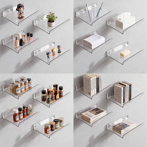 4-Pack Clear Acrylic Floating Shelves with Adhesive & No-Trace Nails - Ultimate No Drill Wall Mounted Display & Storage Organizer for Bathroom, Bedroom, Living Room, Office, 7.87" x 4" (4, U-Shape) in Saudi Arabia