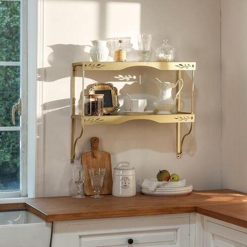 Elegant Gold Wall Shelf — 2 Tier Decorative Metal Storage Floating Shelf with Openwork Floral Pattern, 20" x 24" in Saudi Arabia