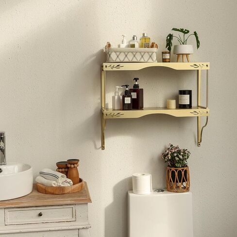 Elegant Gold Wall Shelf — 2 Tier Decorative Metal Storage Floating Shelf with Openwork Floral Pattern, 20" x 24" in Saudi Arabia