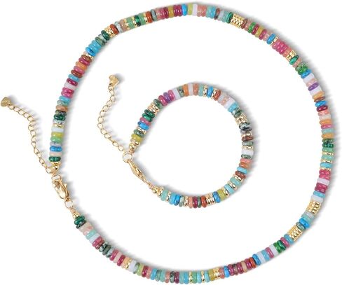 Boho Beaded Choker Necklace & Turquoise Bracelet Set for Women, Natural Stone Jewelry, Handmade Surfer Beach Summer Gifts for Her in Saudi Arabia